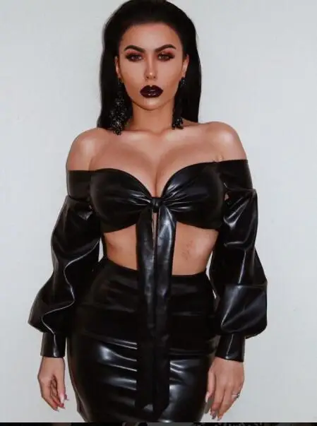 Женский пикантный костюм из двух предметов юбка искусственной кожи с открытыми