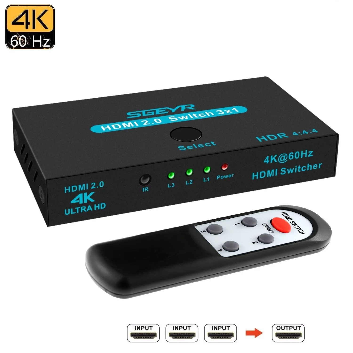 

SGEYR 4K @ 60 Гц HDMI 2,0 переключатель сплиттер Ultra HD UHD 2160P 3 порта 4K HDMI переключатель 3 в 1 выход металлический семейный селектор