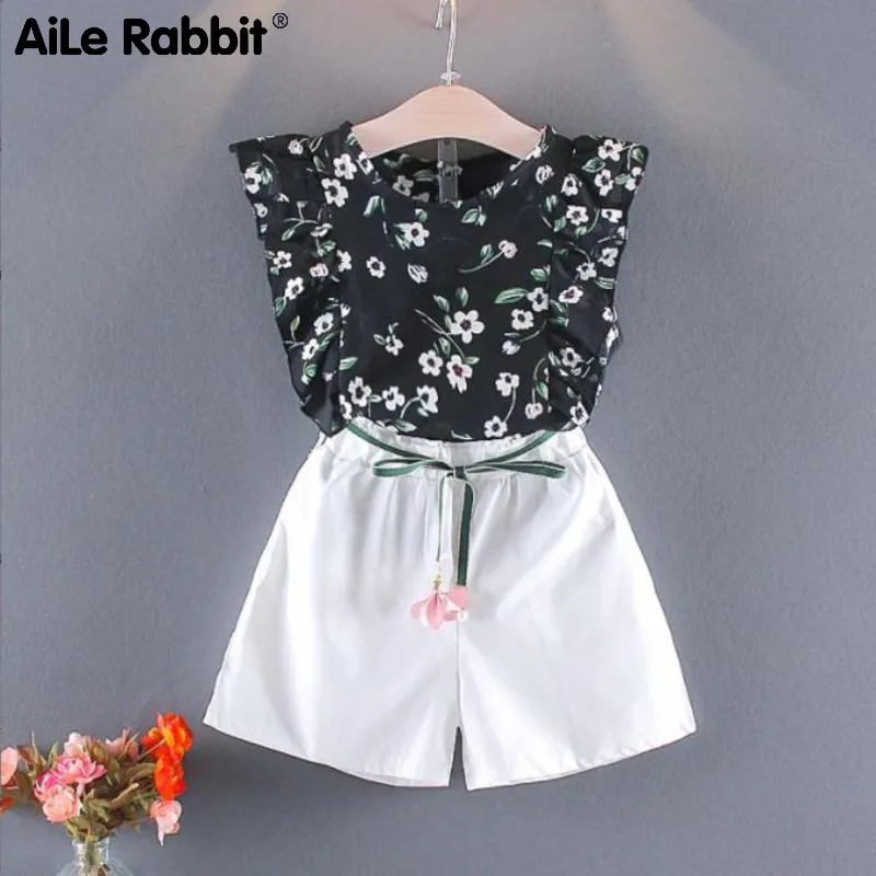 

AiLe Rabbit 2021 New Girls Fashion Chiffon Suit Tops Shorts 2-Piece Children Clothing Set Floral Kids Baby Girl Clothes Set