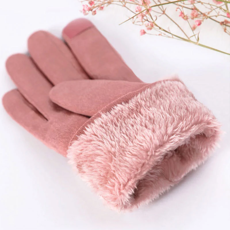 

Sparsil Women Touch Screen Suede Glove Winter Double Layer Furry Mittens Warm Snowflake Embroidery Outdoor Fashionable Gloves