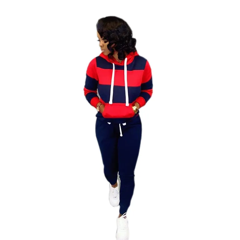 red 2 piece set Adogirl женский спортивный костюм в полоску с цветными блоками, Модный повседневный комплект из двух предметов, пуловер с длинными рукавами и завязками, худи, штаны для фитнеса - Цвет: red 2 piece set