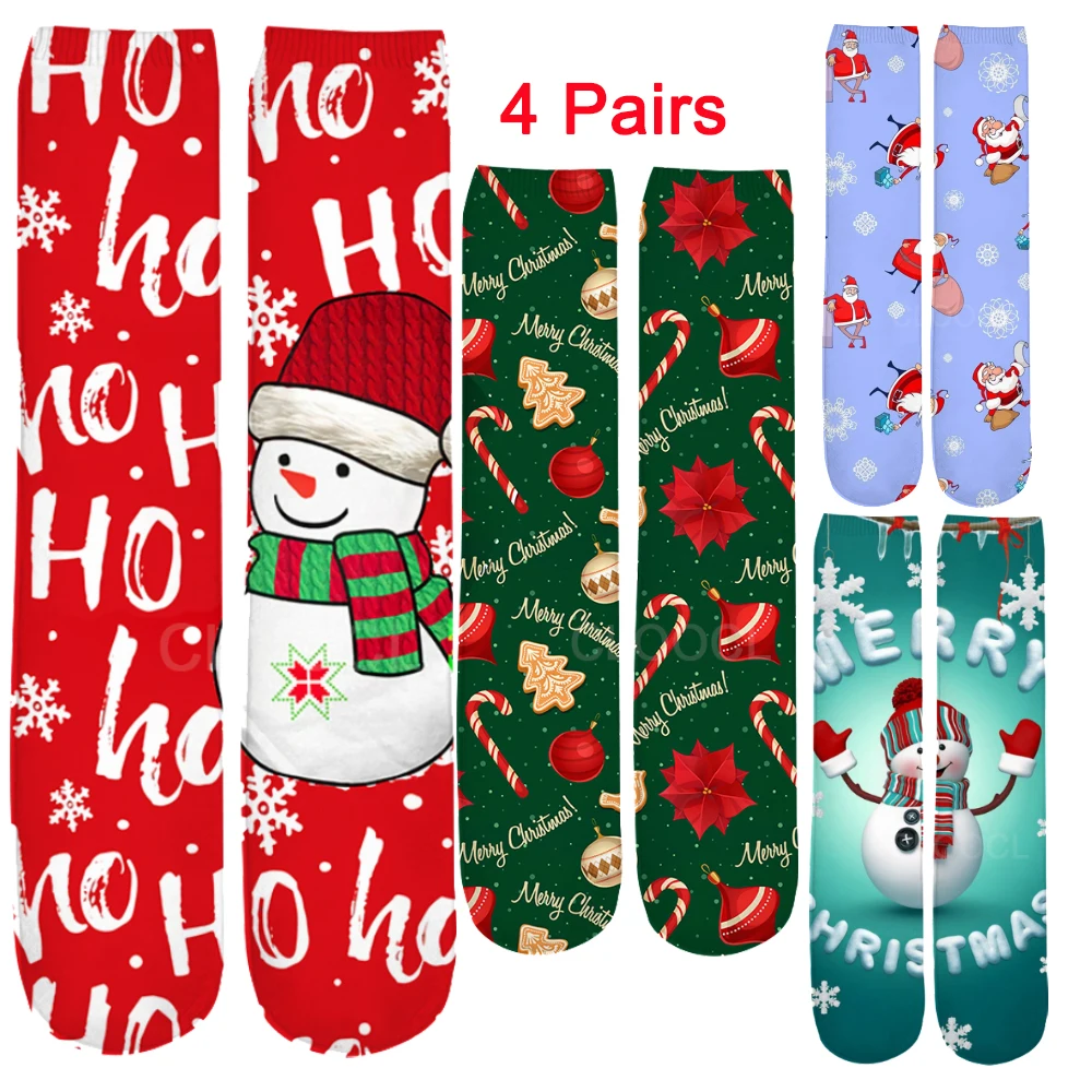 

CLOOCL 4 Pairs Christmas Socks Funny Xmas Santa Claus Tree Snowflake Elk Snow New Year Funny Sokken Novelty Cartoon Sock Gifts