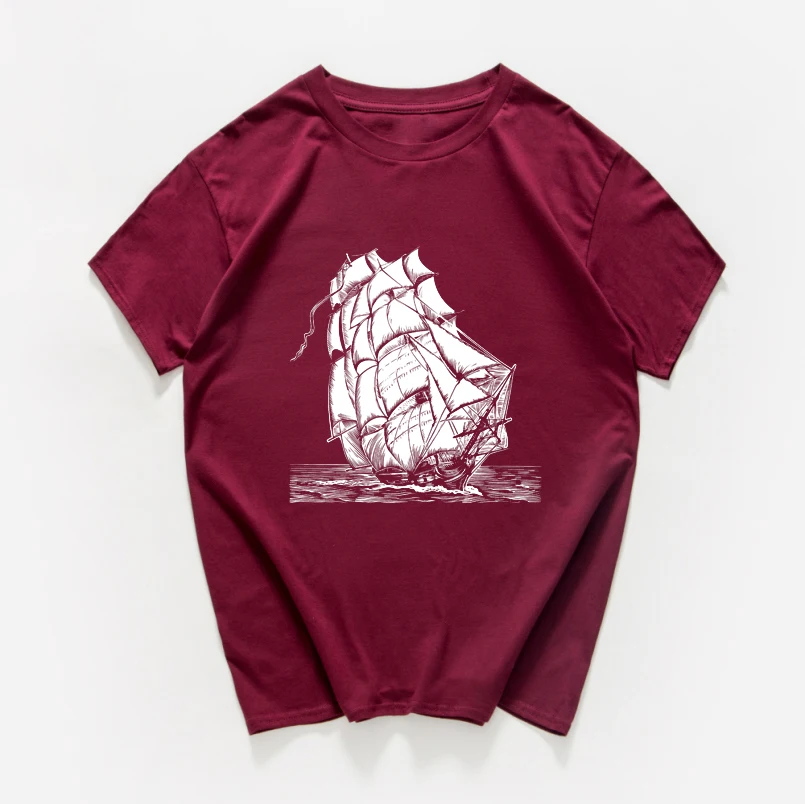 Женская винтажная хлопковая Футболка с принтом корабля летняя повседневная