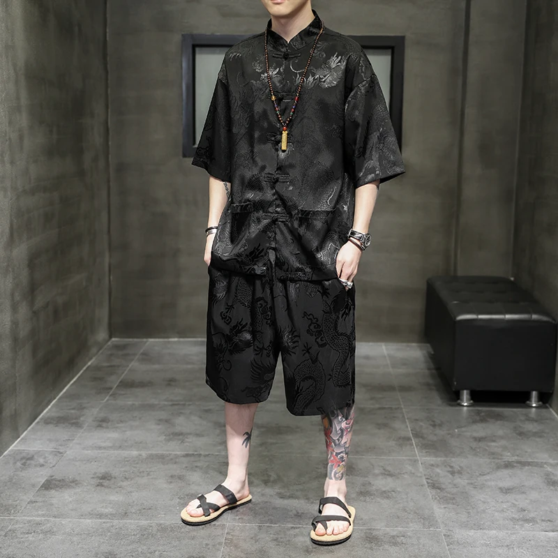 

Plus Size Men Casual Sunscreen Clothing Chinese Style Suit Dragon Pattern Embroidery Streetwear Shirt Thin Shorts Set Men 5XL