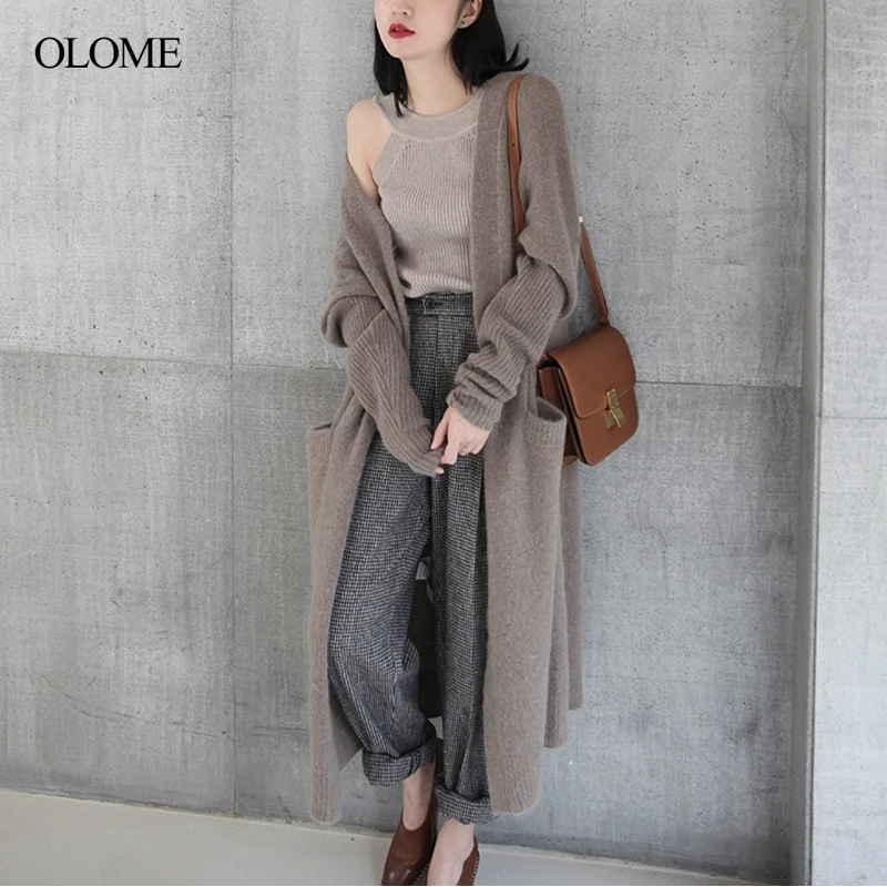 

Olome 2021 spring and autumn new cashmere coat medium length loose style women's sweater coat knitted cardigan