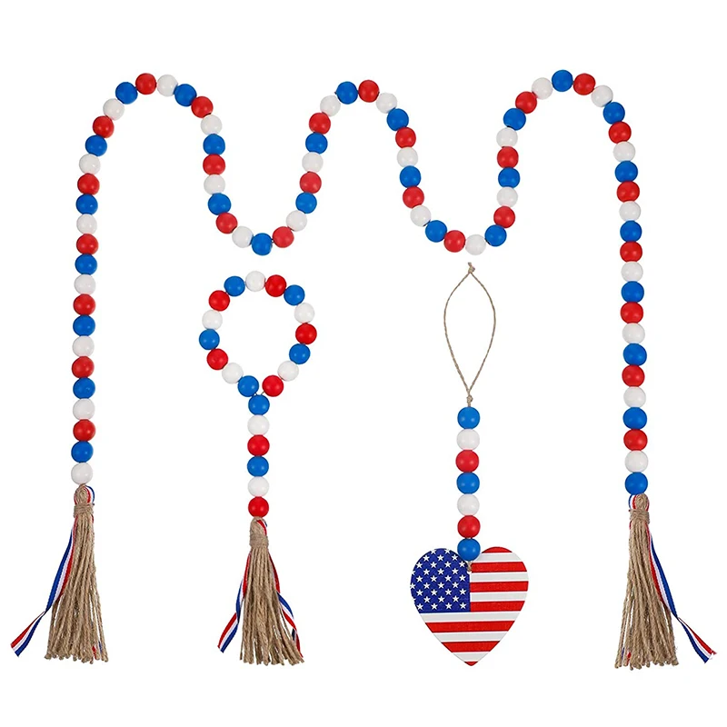 

3 Pieces Wood Bead Garlands with American Flag and Rustic Tassels Patriotic Independence Day Wood Bead Garland Tiered