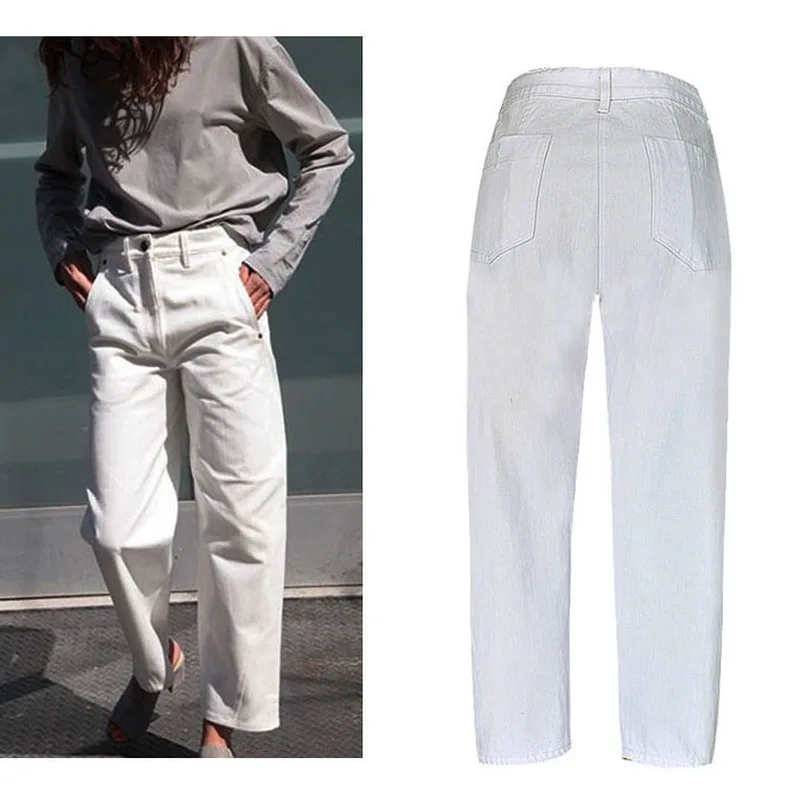 Летние женские повседневные белые джинсы с высокой талией свободные потертые