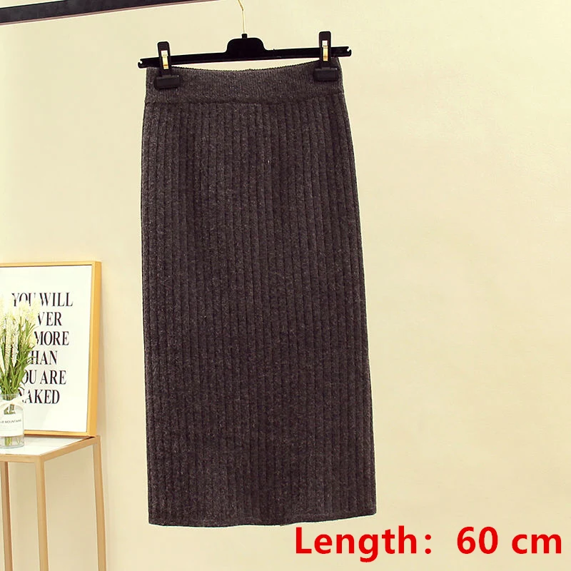 gary-length 60cm 60-70 см эластичные женские юбки осень зима теплая трикотажная прямая юбка ребристая юбка средней длины черная - Цвет: gary-length 60cm