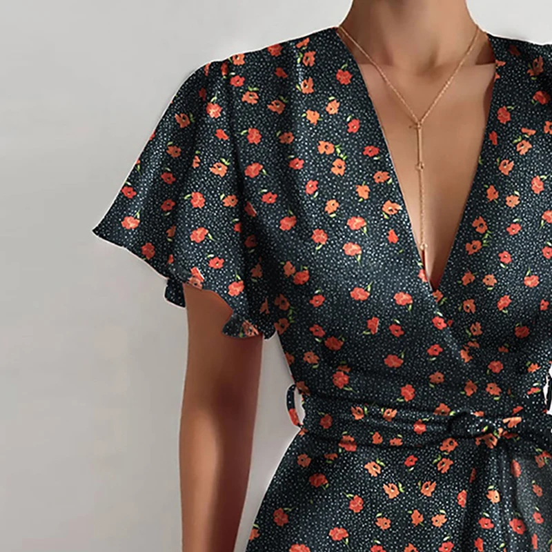 

Women Summer V Neck Polka Dot Dress Casual Ruffles Sleeve Print Split Dress Sashes Vintage Female Mini Red Beach Vestidos 2021