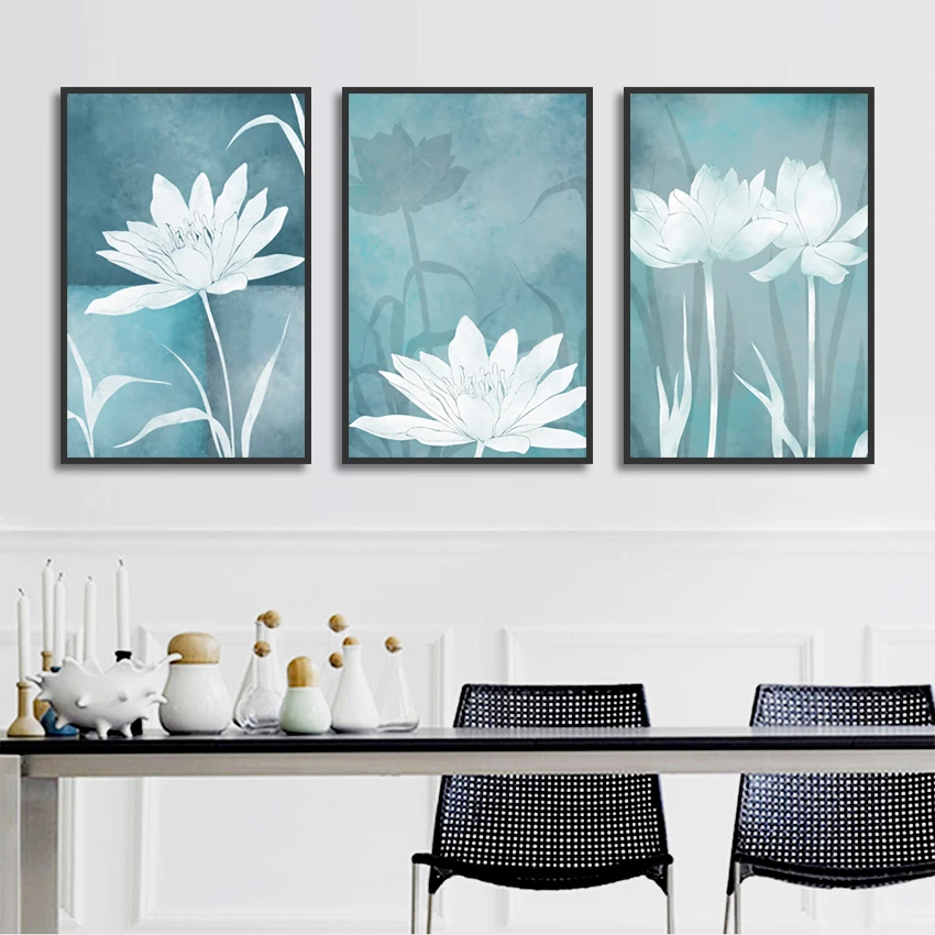 

Modern Home Decor Blue Background Flower Wall Art Picture for Living Room Vintage Lotus Canvas Painting Nordic Style Posters