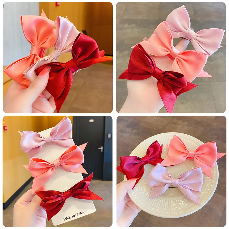 

2021 New Fashion Satin Hair Clip For Kids Girls Solid Color Big Bow Hairpins Barrette Two-Layer Satin Hairgrip Hair Accessories
