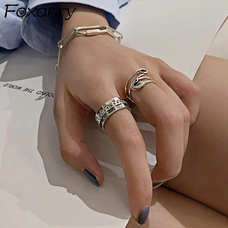 

Foxanry INS Fashion Stamp Rings for Women Creative Vintage Punk Chain Multilayer Geometric Party Jewelry Gifts