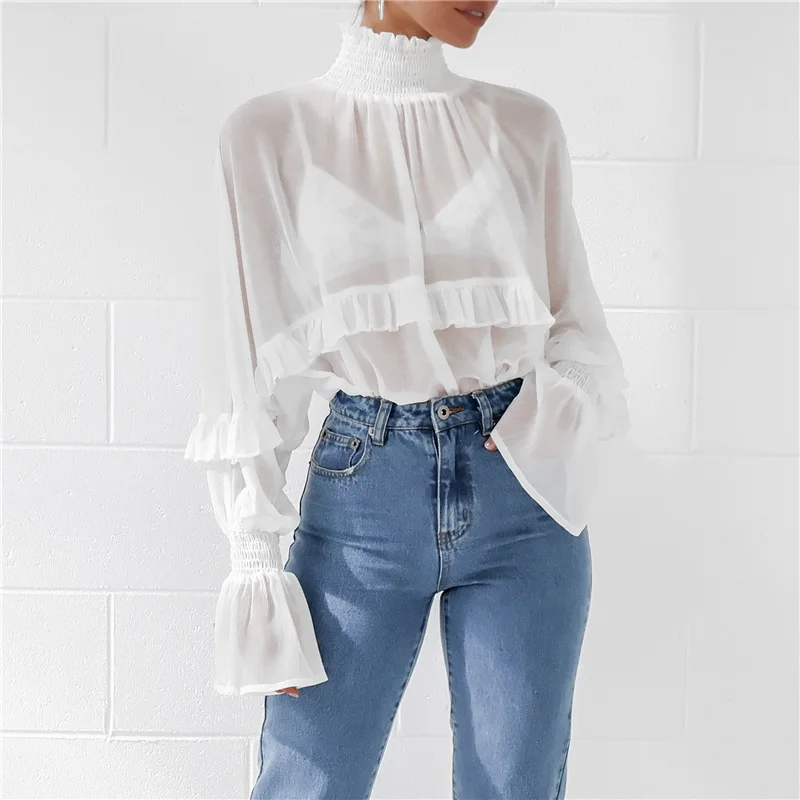 Элегантные прозрачные свободные женские блузки с длинными рукавами и оборками