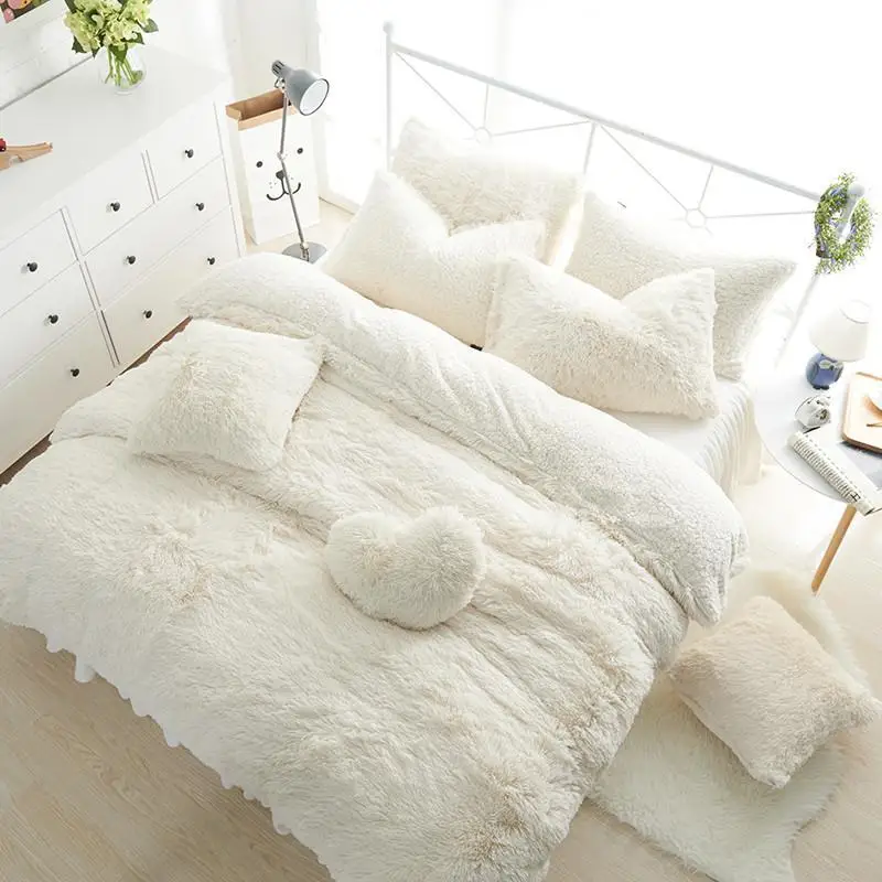 Princess style White Pink Fleece Bedding set Twin Queen King size Girls Bed Duvet cover Bedlinen skirt parure de lit | Дом и сад