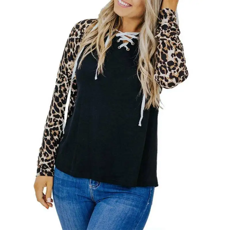 

Women Long Sleeve Leopard Raglan T-shirts Basic Tee Blouse Casual Hooded Tops