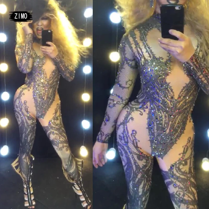 

fashion sexy jumpsuit women print Black diamonds long sleeve bodysuit pole dancer birthday nightclub dance drag queen costumes
