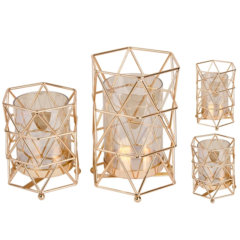 

Golden Iron Candle Holder European Geometric Candlestick Romantic Crystal Candle Cup Home Decoration Table Decoration 2021