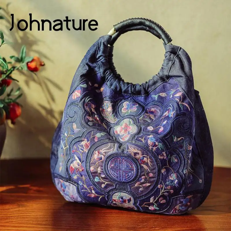 

Johnature Retro Denim Linen Women Bag 2022 New Exquisite Embroidery Original Luxury Handbags Women Bags Designer Handbag