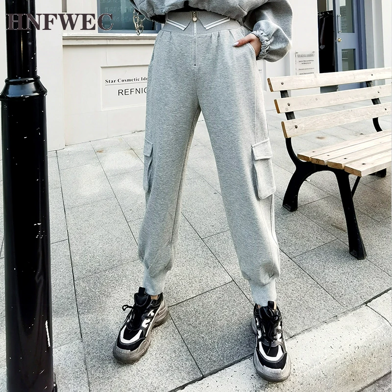 

New Autumn And Winte Fashion Casual Loose Solid Color High Waist Zipper Overalls Pocket Sports Long Pants Women V451