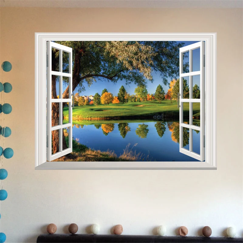 Лидер продаж 2019 наклейка на стену 3D окно озеро большое дерево пейзаж натуральное