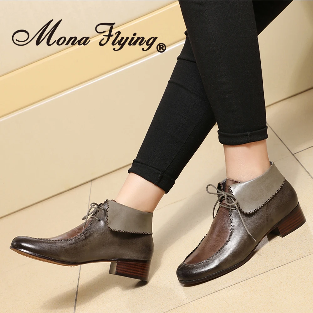 Mona Flying Women Genuine Leather Lace-up Boots Ankle high Comfortable Hand-made Fashion Booties Shoes with Low Heels 077-5AB