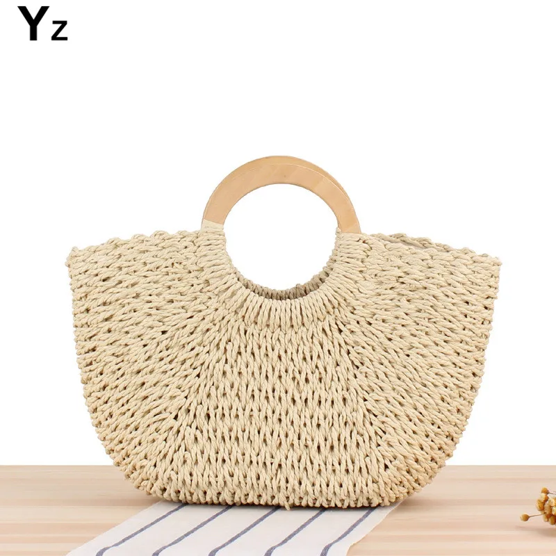 Aaby Women Handbag Rattan Wicker Straw Woven Half-Round Bag Large Capacity Female Casual Travel Tote Fashion With Wood Handle