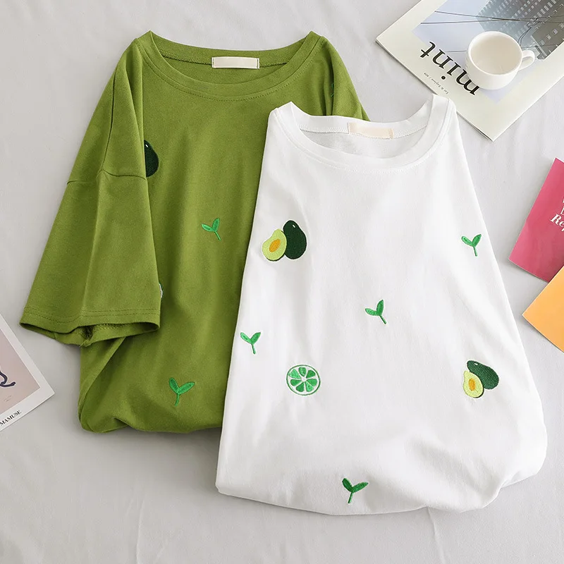 Летняя Повседневная футболка для девочек зеленый топ с принтом авокадо женская