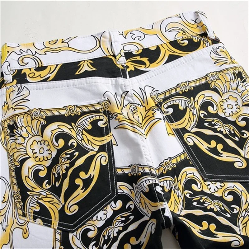 EH·MD® White Floral Jeans Men's Anime Embroidery Black and White Split Soft Slim Cotton Stretch Pants Tide Brand Four Seasons