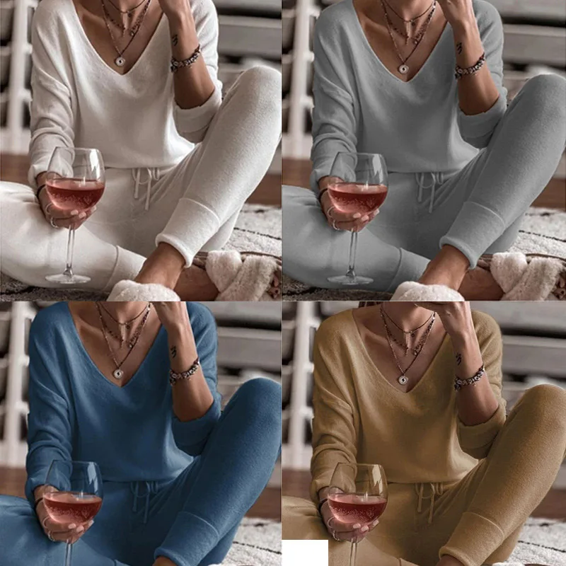 

Women's Solid V-Neck Pajamas Set Long Sleeve Top And Drawstring Long Pants Home Clothes Female Spring Autumn Casual Pajama