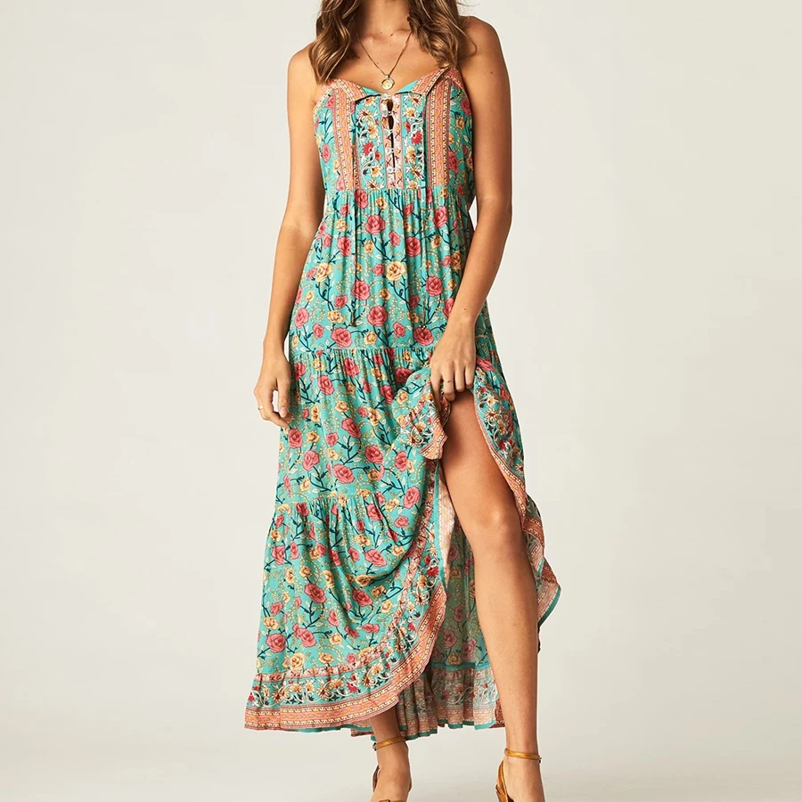 TEELYNN BOHO strapppy платья Gypsy без рукавов летние платья искусственный шелк Цветочный Принт Сарафан Макси платье на бретелях для женщин vestidos