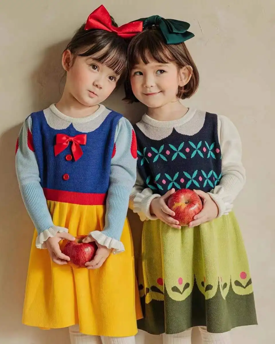 

MILA CHOU 2022 Spring Girls Cute O-neck Knitted Princess Dress Children Long-sleeve Snow White Frozen Princess Dress Kid Sweater