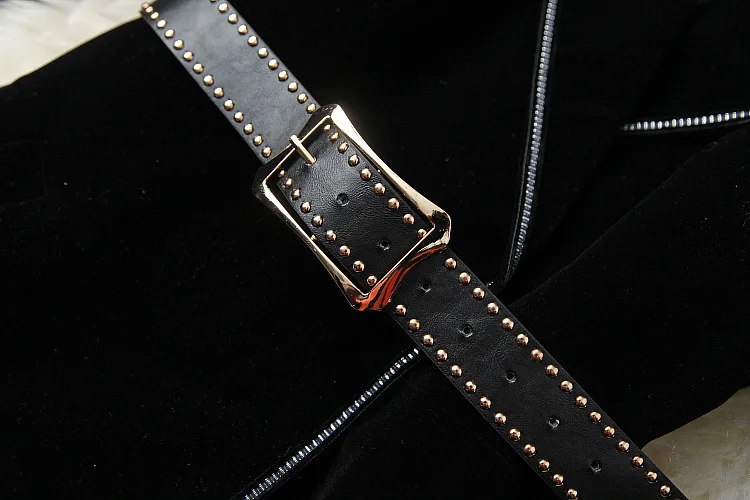 

women's European and American wear 2021 winter new style Long-sleeved suit neck fashion belt black velvet jacket