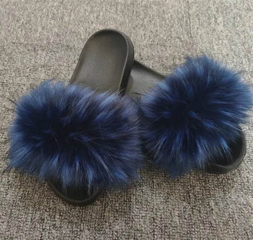

New Fluffy Faux Fur Slides Women Fur Slippers Indoor Shoes Raccoon Fur Flip Flops Furry Slippers Fake Fur Slippers Flat Shoes