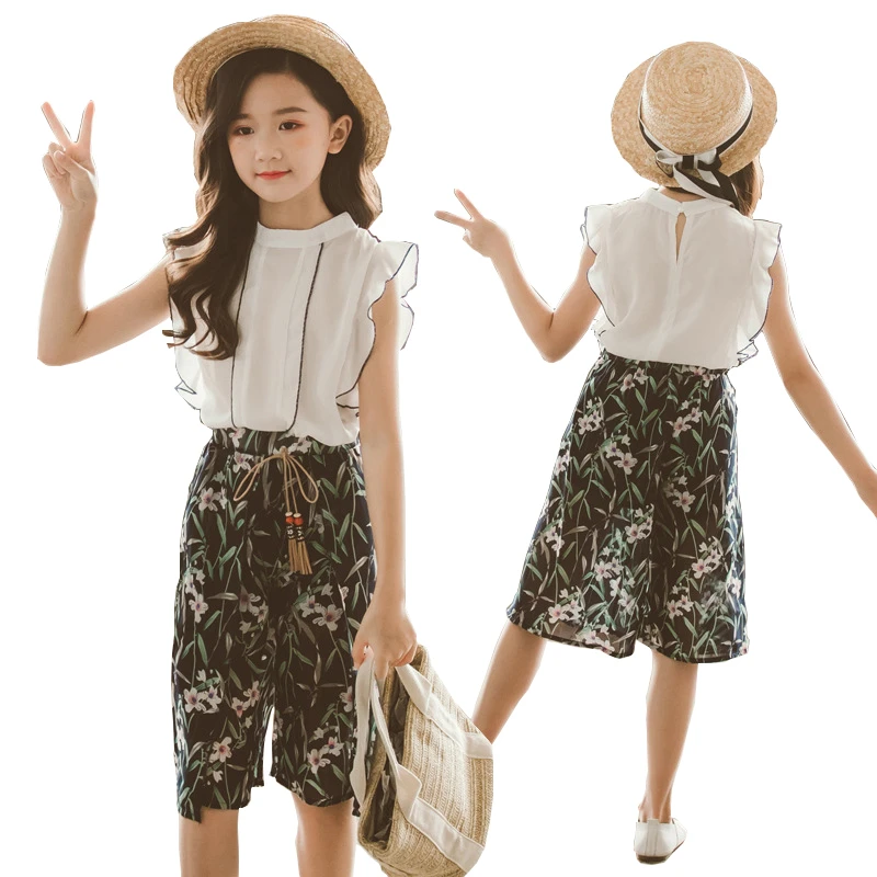 Летние комплекты одежды для девочек подростков Детская футболка + широкие штаны