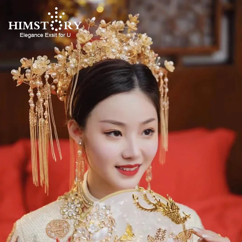 

HIMSTORY Gold Chinese Hair Jewellery Vintage Tassels Beaded Pearl Crown Headband Bridal Tiara Stage Show Wedding Headpieces