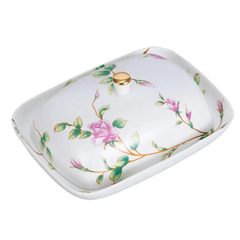 

Rose Ceramic Cheese Butter Box Sealing With Lid Delicate Food Dessert Plate Kitchen Organizer Foods Storage Tray Butter Plate