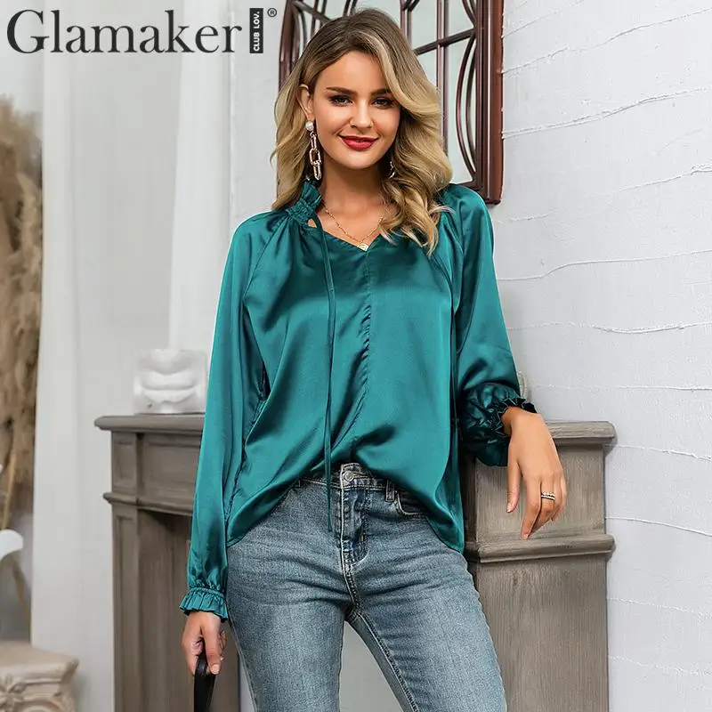 Glamaker, атласная, с длинным рукавом, сексуальная женская блузка, рубашка, v-образный вырез, для офиса, леди, Элегантная блузка, женская, осенняя, модная, шикарная блузка, топы