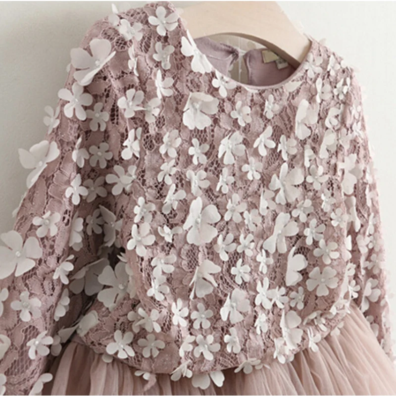 Детское Хлопковое платье-пачка с длинным рукавом цветочной вышивкой для девочек