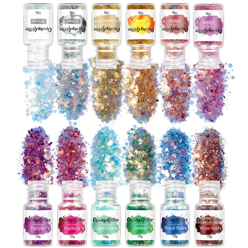 

12/18/24 Colors Chunky Glitter Sequins Mixed Flakes Set Eyeshadow Body Face Decorations DIY Crafts Nail Art Stickers