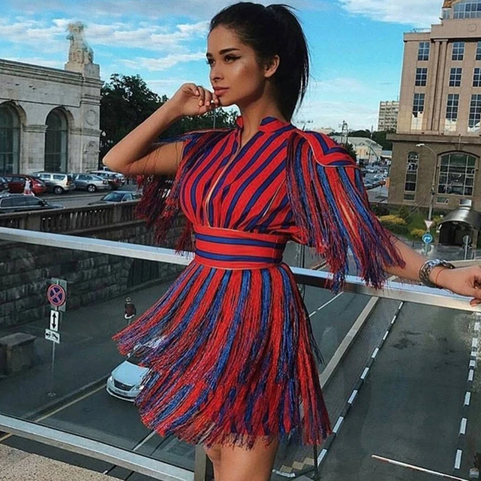 

Summer New Fashion Short Sleeve Tassel Stripe Mini Dress Sexy Red Blue Stripe Dresses Celebrity Evening Party Vestidos