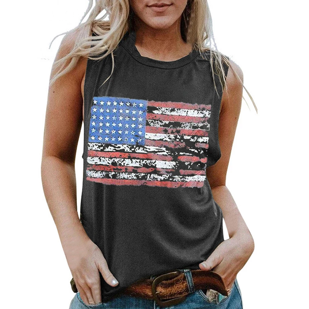 Classic American Flag Print Fashion Sleeveless T-Shirt O-Neck Female Vest Casual Loose Pullover Tops Ladies Basic Tank Top