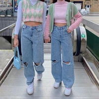 weiyao y2k harajuku letter hole pants women high waist straight jeans chain hip hop denim casual baggy trousers streetwear 2021