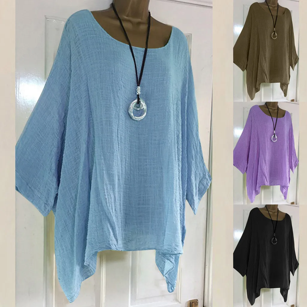 

2021 Plus Size Blouses Women Cotton And Linen Breathable Tops Ladies Solid Color Casual Tunic Female Long Sleeve Clothes