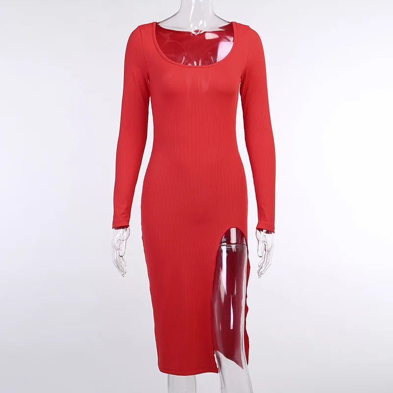 

WJFZQM 2020 Women O-Neck Autumn Long Sleeve Ribbed Party Dresses Elegant Office Lady Bodycon Side Slit Sexy Club Party Dress