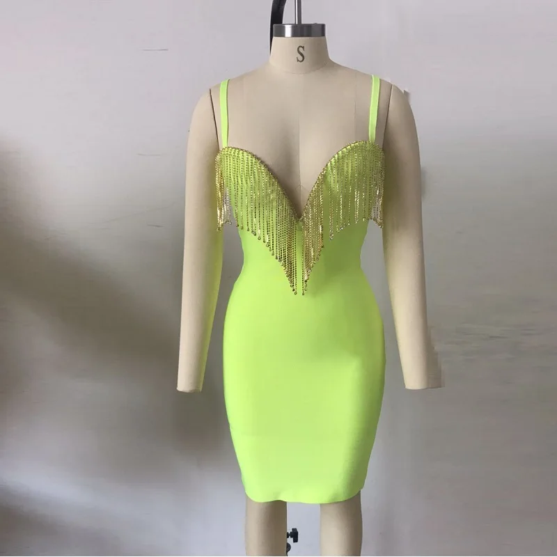 2019 Bandage Dress Fashion Luxury Diamond Tassel Sexy V-Neck Spaghetti Strap Bodycon Dresses Women Solid Color Club Vestidos | Женская