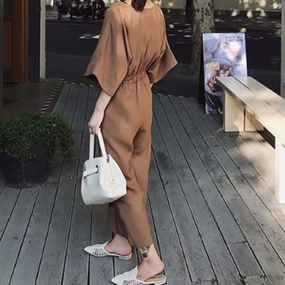 

Solid Color Women Jumpsuit 2020 Korean Summer Half Sleeve Buttons Ankle Length Causal Jumpsuits Long Rompers Preppy Style S-XL