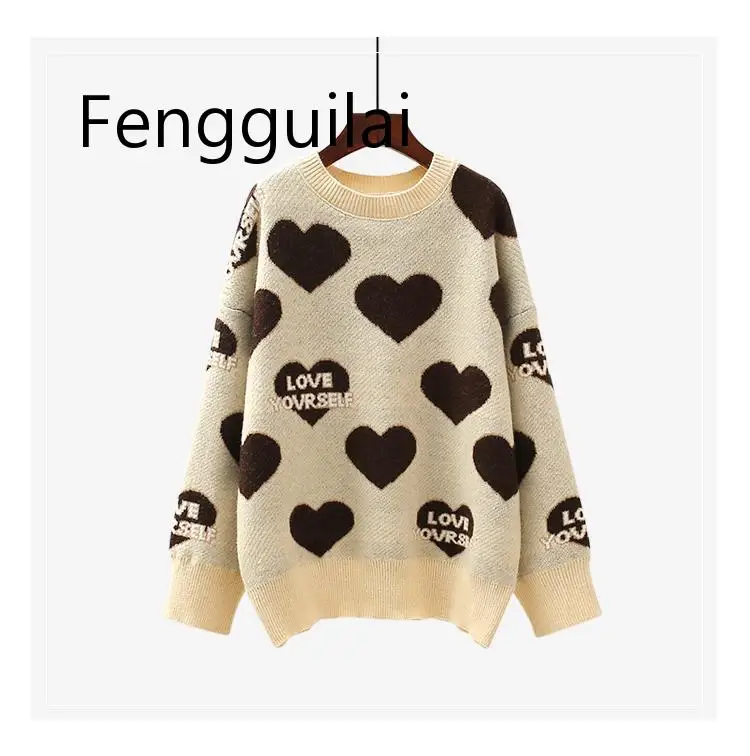 

Women Oversized Sweater And Pullovers Oneck Sweet Heart Letters Printed Pull Jumpers Long SLeeve Pink Streetwear Knit Tops