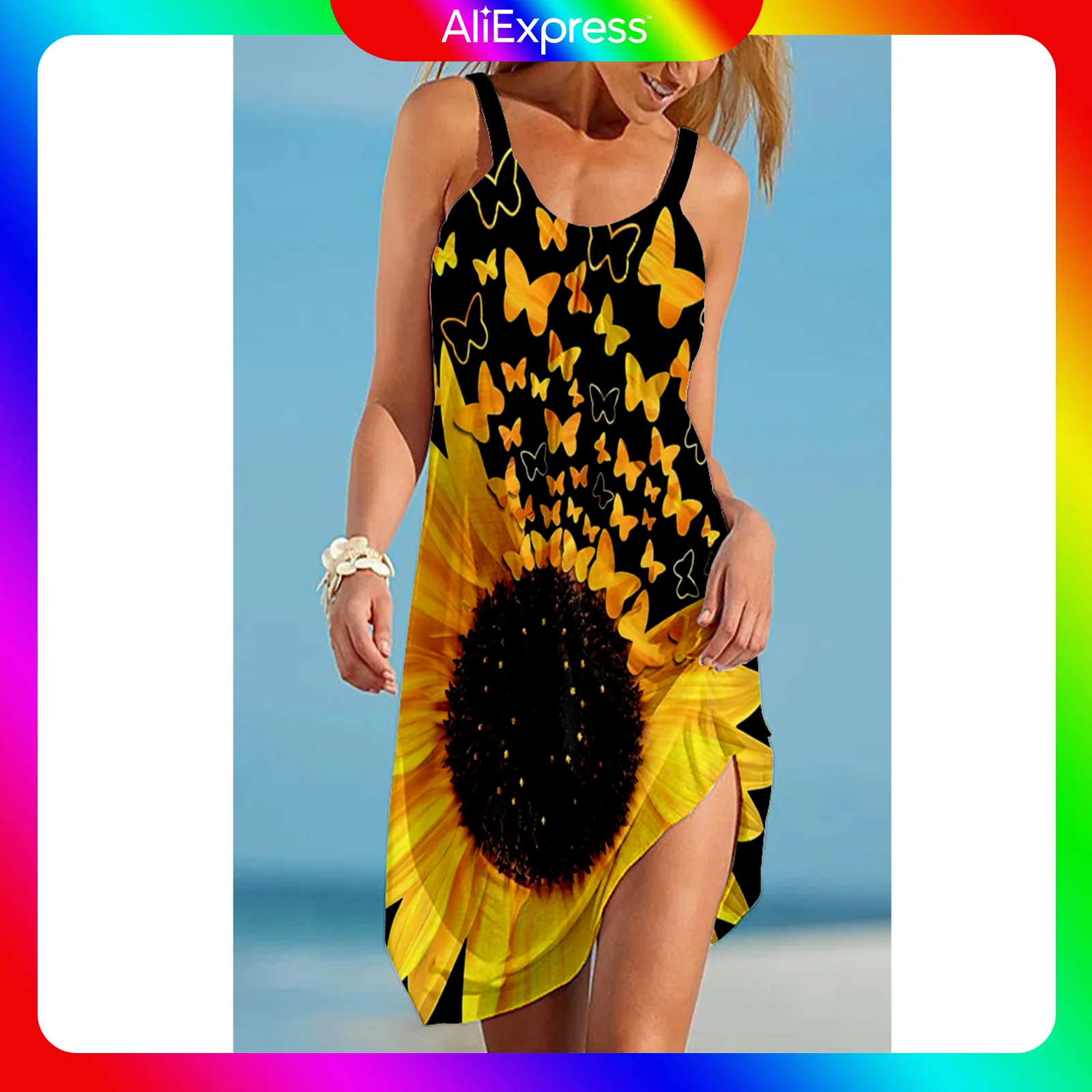 

2021 New Summer Dress Ocean Sunflower Beach Vacation Party 3D Sexy Dress Women Streetwear Print Female Loose Condole Belt