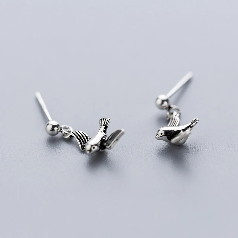 MloveAcc Antique Silver Bird Stud Earrings 100% 925 Sterling Silver Earrings for Women Wedding Party Jewelry