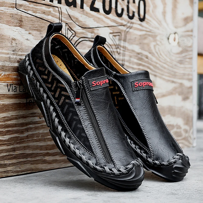 

Loafers Men Leather Shoes Zipper Men Casual Moccasins Breathable Quality Driving Shoe Slip on Male Sneakers Big Sizes 38-47